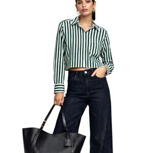 Veronica Beard Maia Shirt Women's Sz. 10 Pine & White Button Up Relaxed Cropped